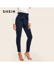 SHEIN elegancki papierowe talia popędzający szczegóły solidna wysoka talia spodnie damskie spodnie Skinny Frill wykończenia elas