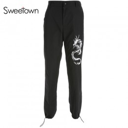 Sweetown chiński styl smok hafty spodnie Cargo kobiet czarny wysoka talia kieszeń spodnie Streetwear damskie spodnie do biegania