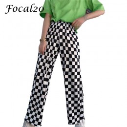 Focal20 Streetwear Plaid kobiety spodnie w pasie na całej długości w kratkę czarny i biały Casual luźne proste spodnie