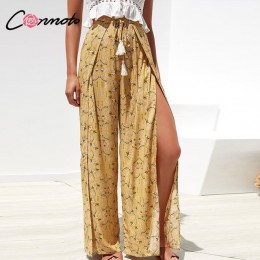 Conmoto Casual wysoka talia szerokie spodnie nogi kobiet 2019 lato plaża Split spodnie kobiece wakacje rocznika kwiatowe drukuje
