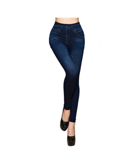 Moda dopasowane legginsy damskie Plus rozmiar Faux Denim Jeans legginsy długie kieszeń druku letnie legginsy na co dzień ołówek 