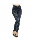 Moda dopasowane legginsy damskie Plus rozmiar Faux Denim Jeans legginsy długie kieszeń druku letnie legginsy na co dzień ołówek 