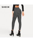 SHEIN czarny szeroki talii Plaid legginsy eleganckie biuro Lady Skinny kobiety jesień odzież robocza Highstreet minimalistyczny 