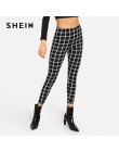 SHEIN czarny szeroki talii Plaid legginsy eleganckie biuro Lady Skinny kobiety jesień odzież robocza Highstreet minimalistyczny 