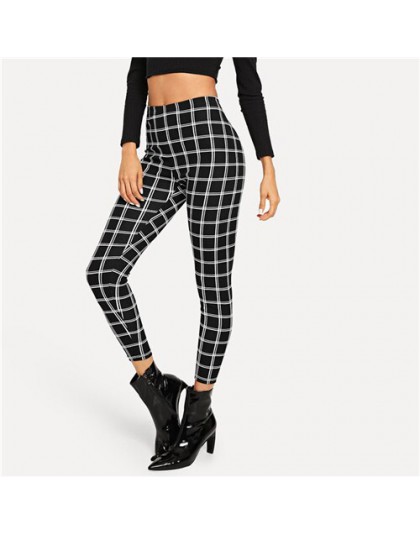 SHEIN czarny szeroki talii Plaid legginsy eleganckie biuro Lady Skinny kobiety jesień odzież robocza Highstreet minimalistyczny 