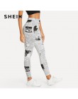 SHEIN czarny i biały Highstreet gazeta list drukuj Streetwear legginsy 2018 lato kobiety Sexy spodnie typu casual
