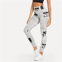 SHEIN czarny i biały Highstreet gazeta list drukuj Streetwear legginsy 2018 lato kobiety Sexy spodnie typu casual