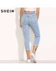 SHEIN kobiety spodnie na lato spodnie typu casual dla pań niebieski zgrywanie połowie talii sznurkiem Skinny Denim łydki długość