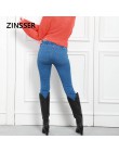 Jesień zima minimalistyczny kobiety Denim Skinny Stretch fałszywe przednia kieszeń średniej talii myte niebieski Slim elastyczne