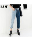 [EAM] nowa wiosna 2019 mody wysokiej talii Patchwork Hit kolor odpinany niebieskie dżinsy proste spodnie jeansowe damskie SC08