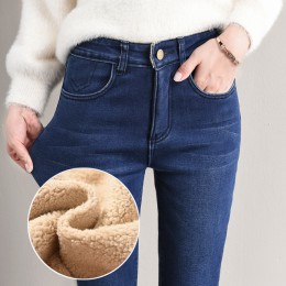 Zimowe dżinsy kobiece wysokiej talii Denim Skinny ciepłe grube dżinsy dla kobiet Mujer Plus rozmiar aksamitne spodnie Stretch Pa