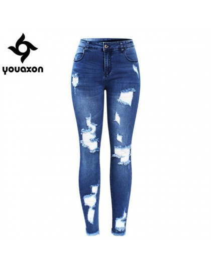 2127 Youaxon nowe Ultra rozciągliwe niebieskie frędzle porwane jeansy damskie denimowe spodnie spodnie dla kobiet ołówkowe obcis