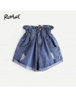 ROMWE elastyczny pas zgrywanie Denim szorty 2019 niebieski moda kobiety lato przycisk Fly spodenki Streetwear eleganckie wysokie