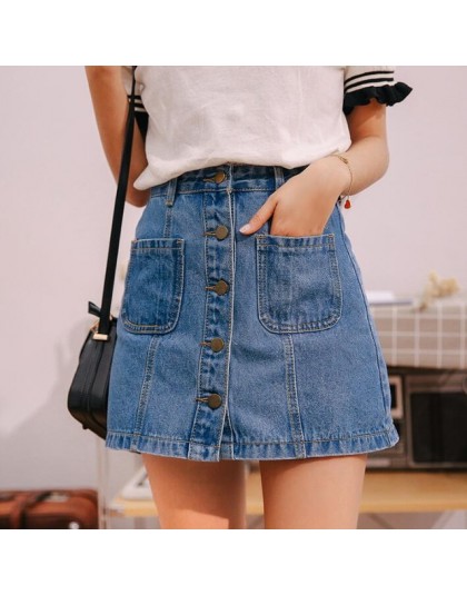 Denim spódnica wysokiej talii linii Mini spódnice kobiety 2019 letnie nowe produkty jeden przycisk kieszenie niebieski Jean spód