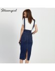 Streamgirl długa spódnica Denim z ramiączkami kobiet przycisk Jeans spódnice Plus rozmiar długi ołówek wysokiej talii spódnica D