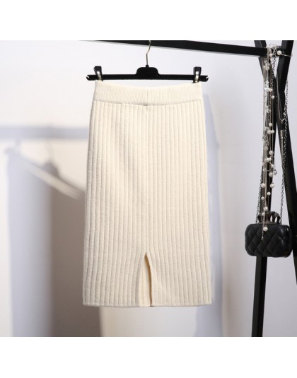 Kobiety powrót szczelina Bodycon eleganckie Midi spódnica ołówkowa jesień zima Casual spódnica z dzianiny wysokiej talii spódnic