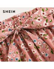 SHEIN Boho marynarki wojennej w kolorze złota kwiatowy Print papierowe talia popędzający Flared spódnice odzież lato 2019 na co 