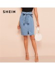SHEIN szczelina z przodu z paskiem spódnica Denim kobiet letnia moda na co dzień zmiany spódnice niebieski stałe zamek koreański