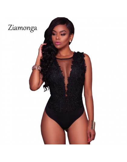 Ziamonga S-XXL Sexy czarne koronkowe Body kobiety Mesh kombinezony