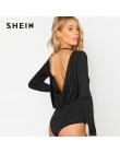SHEIN czarny Backless solidna Skinny body okrągły Neck otwórz wróć z długim rękawem drapowana zwykły kobiety pajacyki 2018 Sexy 