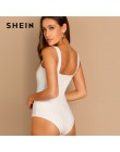 SHEIN elegancki biały dekolt w serek Cut przodu w połowie talii paski Skinny zwykły body dla na co dzień kobiety Streetwear 2019