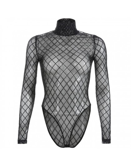 Seksowna modna damska bluzeczka body transparentny  kabaretki cyrkonie prześwitująca z długim rękawem golfik