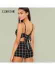 COLROVIE siatka Crop powrót krawat Cami top i szorty zestaw kratę lato Spaghetti pasek ubrania zestaw rozciągliwy Sexy dwuczęści