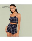 COLROVIE siatka Crop powrót krawat Cami top i szorty zestaw kratę lato Spaghetti pasek ubrania zestaw rozciągliwy Sexy dwuczęści