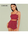 COLROVIE siatka Crop powrót krawat Cami top i szorty zestaw kratę lato Spaghetti pasek ubrania zestaw rozciągliwy Sexy dwuczęści