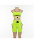 BOOFEENAA Neon zielony dwuczęściowy zestaw topy i spodnie dres kobiety Hollow klamra Biker szorty Sexy klub stroje C87-AC85