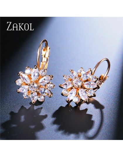 ZAKOL moda wzrosła złoty kolor Hoop kolczyki Flower klastrów jasny kryształ cyrkonu kolczyki dla kobiet Brincos biżuteria FSEP60