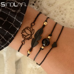 Sindlan 4 sztuk Gothic czarne pióro lotosu bransoletki zestaw serce urok Boho bransoletki dla kobiet na rękę łańcuch bransoletki