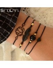 Sindlan 4 sztuk Gothic czarne pióro lotosu bransoletki zestaw serce urok Boho bransoletki dla kobiet na rękę łańcuch bransoletki