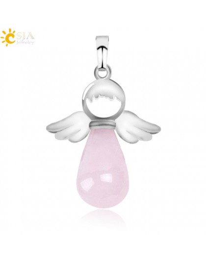 CSJA naturalne kamienie anioły skrzydła wisiorek dla naszyjnik różowy kwarcowy Onyx wisiorki srebrny kolor kropla wody damska bi