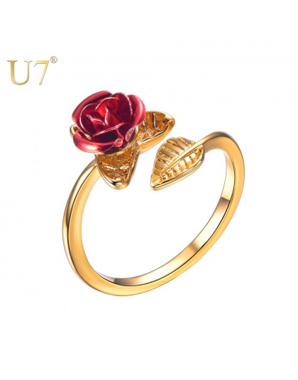U7 czerwona róża ogród kwiat liście z możliwością zmiany rozmiaru Finger pierścienie dla kobiet prezent na Walentynki biżuteria 