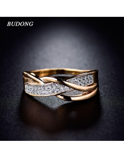 BUDONG pierścionki dla kobiet prezent walentynkowy moda spirala CZ kryształ złoty kolor w połowie pierścień cyrkonia obietnica b