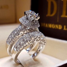 Luksusowe kryształ kobiet duża cyrkonia kamień pierścień zestaw mody 925 srebrny obrączki ślubne dla kobiet obietnica miłość pie