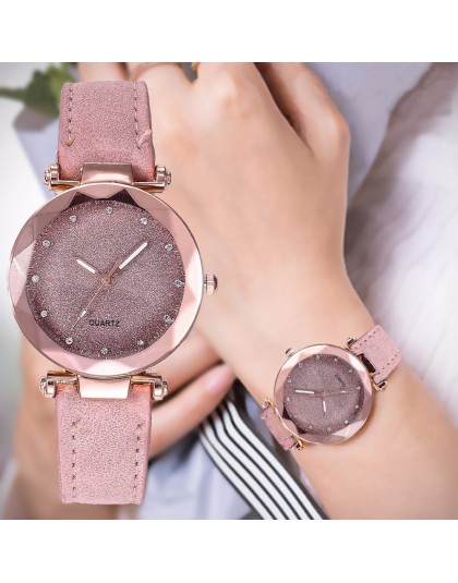 Na co dzień kobiety romantyczna rozgwieżdżone niebo zegarek na rękę skórzany Rhinestone projektant panie zegar prosta sukienka p