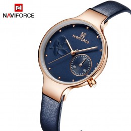NAVIFORCE kobiety moda niebieski zegarek kwarcowy pani skórzany pasek do zegarków wysokiej jakości na co dzień zegarek wodoodpor