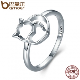 BAMOER Autentyczne 100% 925 Sterling Silver Naughty Little Cat & Serce Ring Finger dla Kobiet Srebro Biżuteria Prezent SCR104