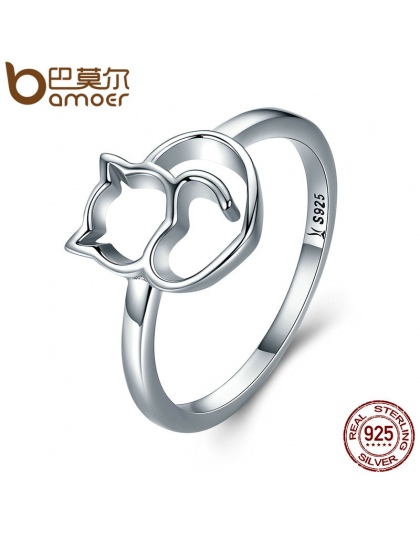 BAMOER Autentyczne 100% 925 Sterling Silver Naughty Little Cat & Serce Ring Finger dla Kobiet Srebro Biżuteria Prezent SCR104