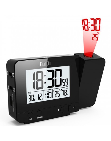 FanJu FJ3531 projektor cyfrowy zegar z budzikiem LED elektroniczny stół drzemki budzik podświetlenie wilgotności temperatury zeg