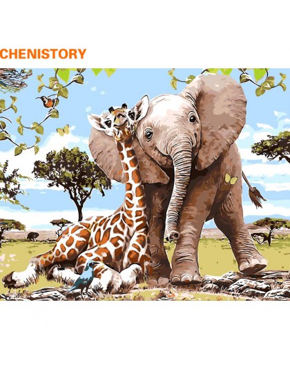 CHENISTORY Bezramowa żyrafa słonia zrób to sam Malowanie numerami Nowoczesna grafika ścienna Malowanie liczbami Unikalny prezent