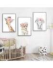 Zwierzęta kwiatowy korona Art Decor obraz na płótnie, Baby Girl drukuje zwierząt żyrafa słoń lew ściany obraz przedszkole plakat