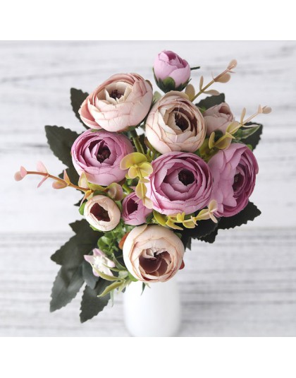 Europejski Vintage sztuczny jedwab herbata róża kwiaty 6 głowy 4 mały pączek bukiet ślubny domu Retro sztuczny kwiat Party DIY d