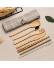 Zestaw stołowy bambusowy zestaw sztućców słoma drewniana z podróżną płócienna torba drewniana łyżka widelec nóż obiadowy zestaw 