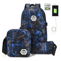 3 sztuk/zestaw USB męskie plecaki torby do liceum dla kobiet 2019 chłopców w jednym na ramię duża torba podróżna dla studentów m