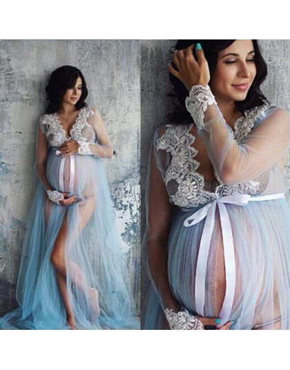 Kobiety w ciąży zasznurować sukienka ciążowa z długim rękawem panie Maxi suknia fotografia strzelać odzież ubrania