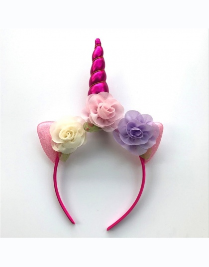 2018 Glitter Metalowe jednorożec Pałąk Dziewczyny Szyfonu Kwiaty Hairband Dla Dzieci liść kwiat Róg Party Akcesoria Do Włosów