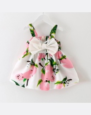 Modna sukienka dziewczęca na grubych ramiączkach bez rękawków zdobiona kwiatkami cytrynkami stylowa kokarda na gumce